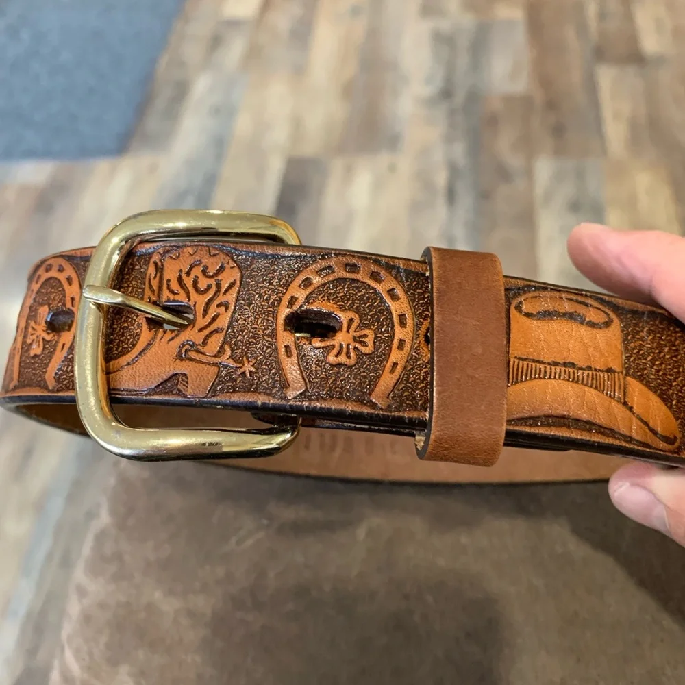 Brown Leather Belt with Western Embossing Horse, Cowboy Hat, Horseshoe 22 1/2”